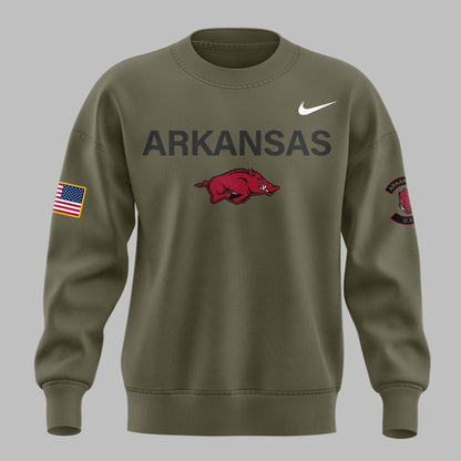 Limited Edition Arkansas Razorbacks 2025 Military Appreciation sweatshirt.