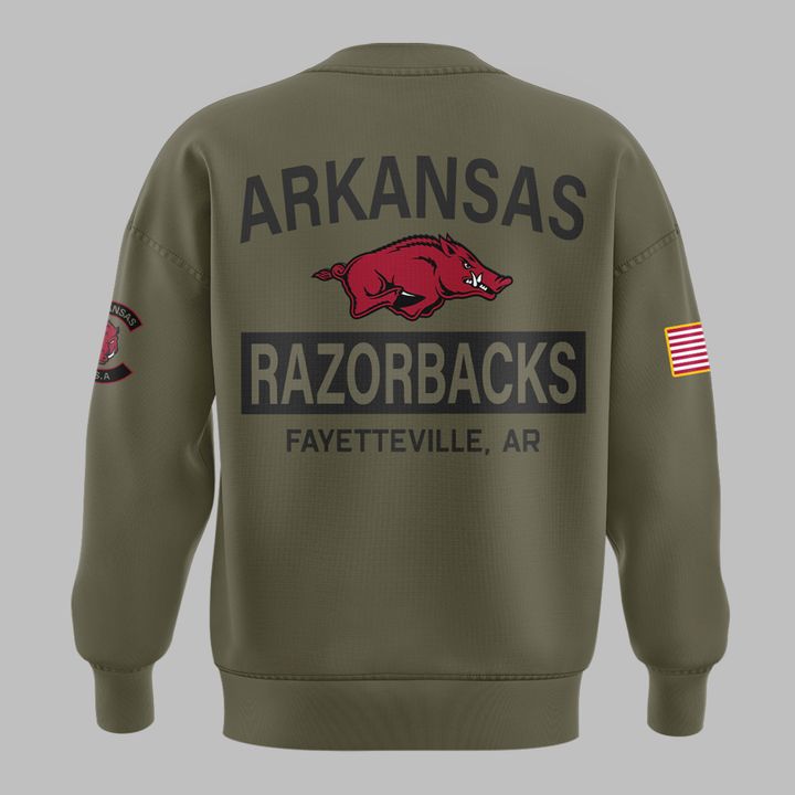 Limited Edition Arkansas Razorbacks 2025 Military Appreciation sweatshirt.
