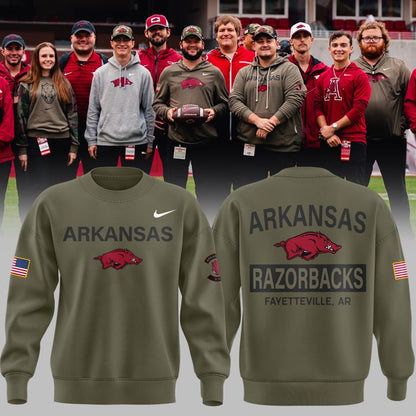 Limited Edition Arkansas Razorbacks 2025 Military Appreciation sweatshirt.