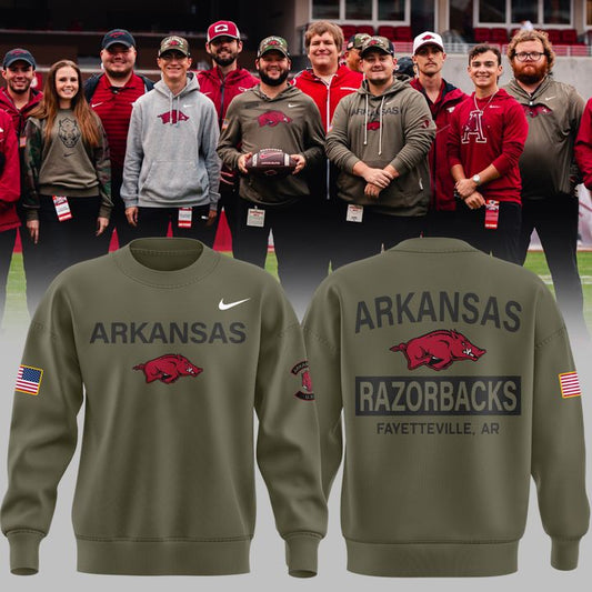 Limited Edition Arkansas Razorbacks 2025 Military Appreciation sweatshirt.