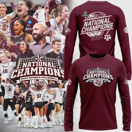 2025 Limited edition Long Tee Texas A&M Aggies women's volleyball National Champions for fans.