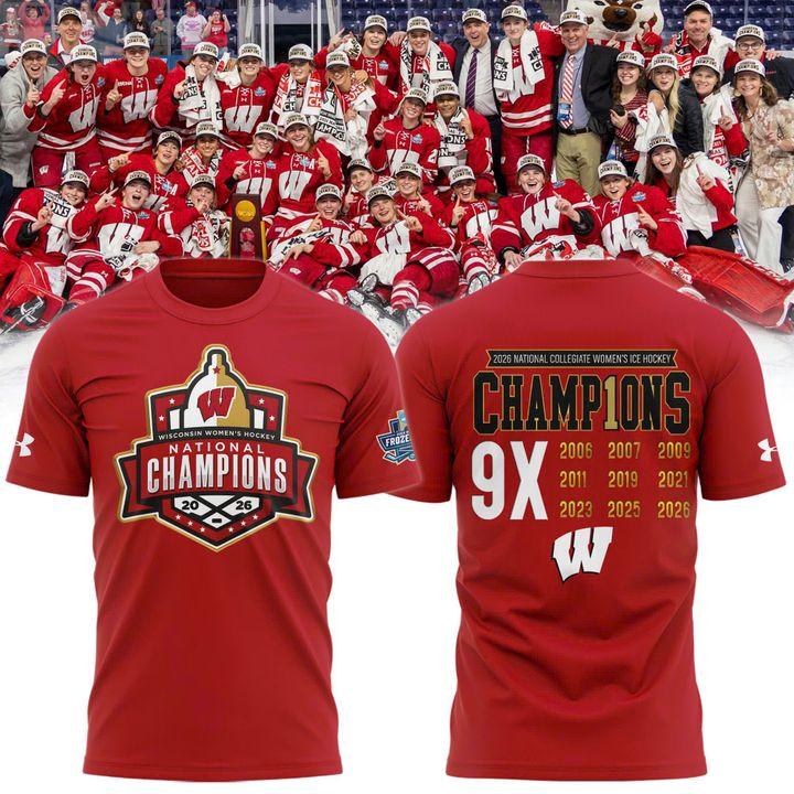 12.Wisconsin Badgers 2026 NCAA Frozen Four Women's Ice Hockey National Champions Tshirt
