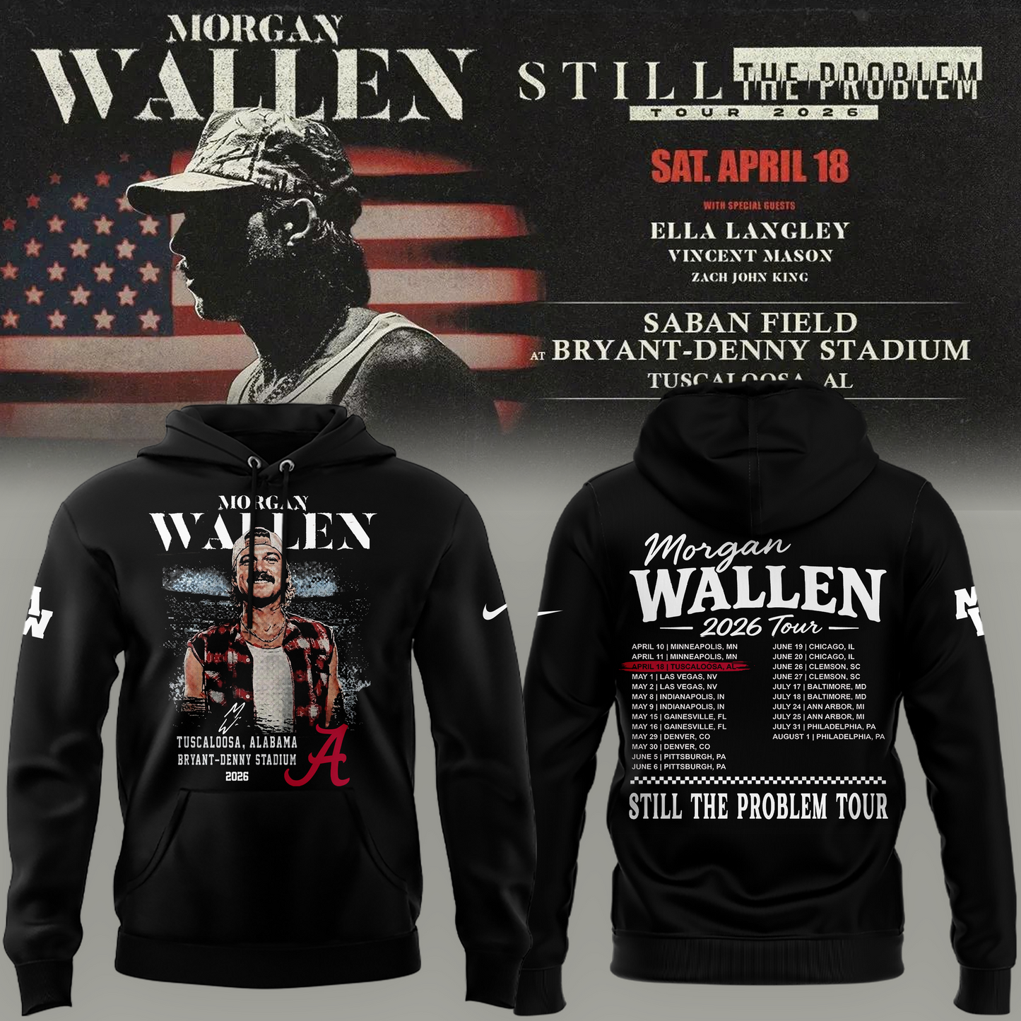 Exclusive Morgan Wallen x Alabama Football "Still The Problem Tour 2026" Bryant–Denny Stadium Hoodie for fans!