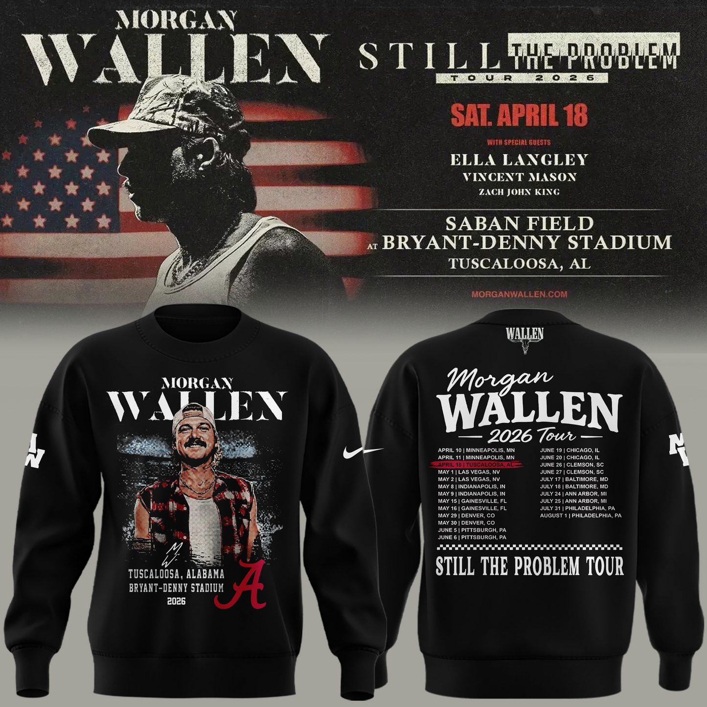 Exclusive Morgan Wallen x Alabama Football "Still The Problem Tour 2026" Bryant–Denny Stadium Sweatshirt for fans!