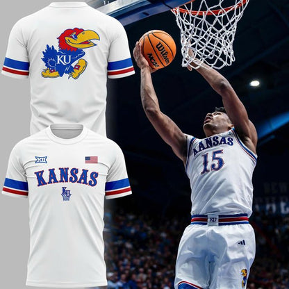White Kansas Jayhawks Basketball Throwback Uniform T-Shirt - Limited Edition