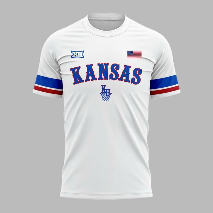 White Kansas Jayhawks Basketball Throwback Uniform T-Shirt - Limited Edition