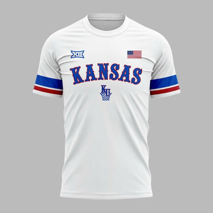 White Kansas Jayhawks Basketball Throwback Uniform T-Shirt - Limited Edition