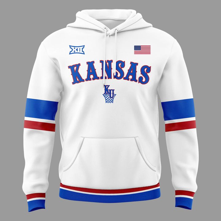 White Kansas Jayhawks Basketball Throwback Uniform Hoodie - Limited Edition