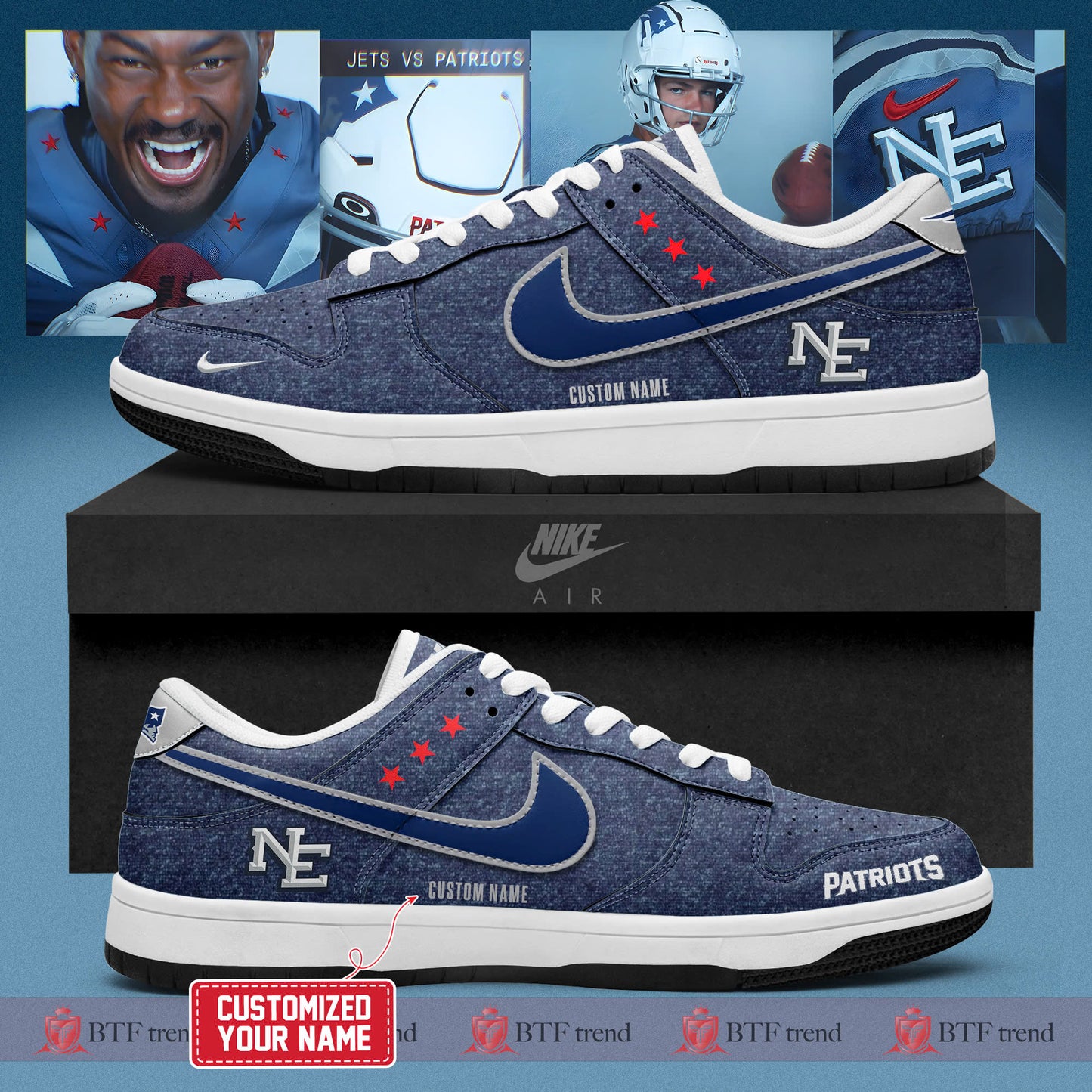 _New England Patriots 2025 Rivalries Nor’Easter Storm Blue Custom Air Dunk Sneaker