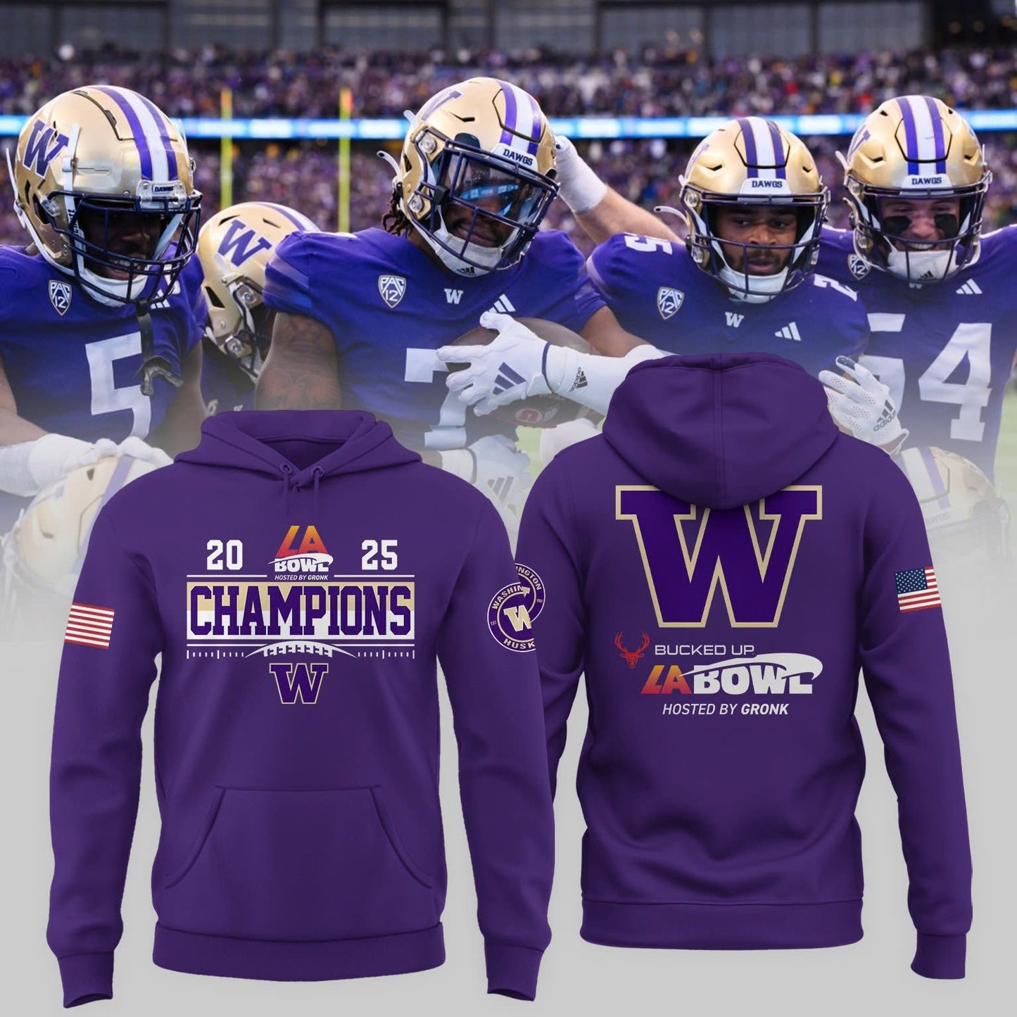 Washington Huskies Football 2025  BUCKED UP LA BOWL HOSTED BY GRONK Champions  Hoodie