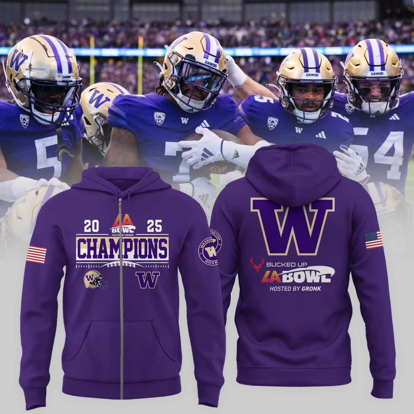 Washington Huskies Football 2025  BUCKED UP LA BOWL HOSTED BY GRONK Champions  Zip Hoodie