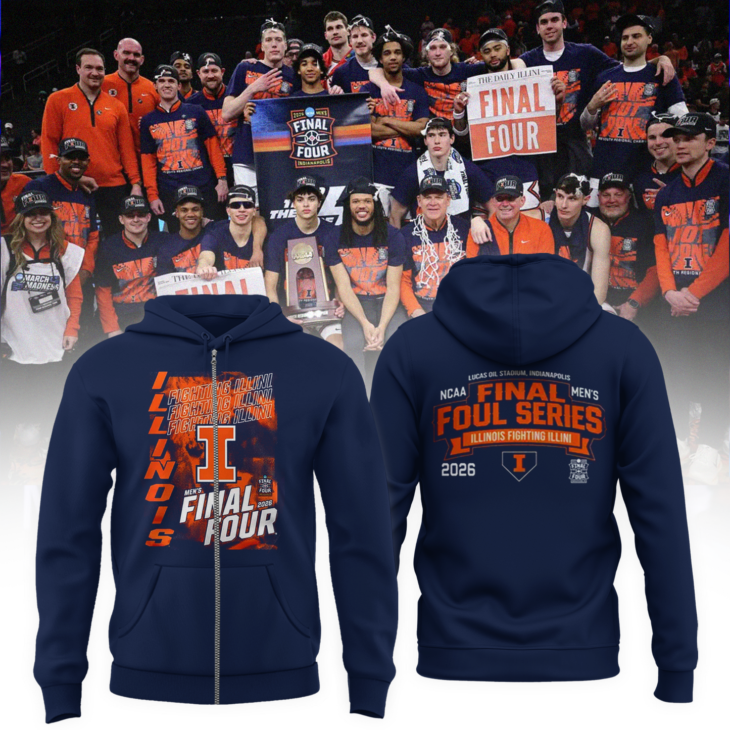 Navy Illinois Fighting Illini 2026 Men's Basketball Tournament March Madness Final Four Zip Hoodie